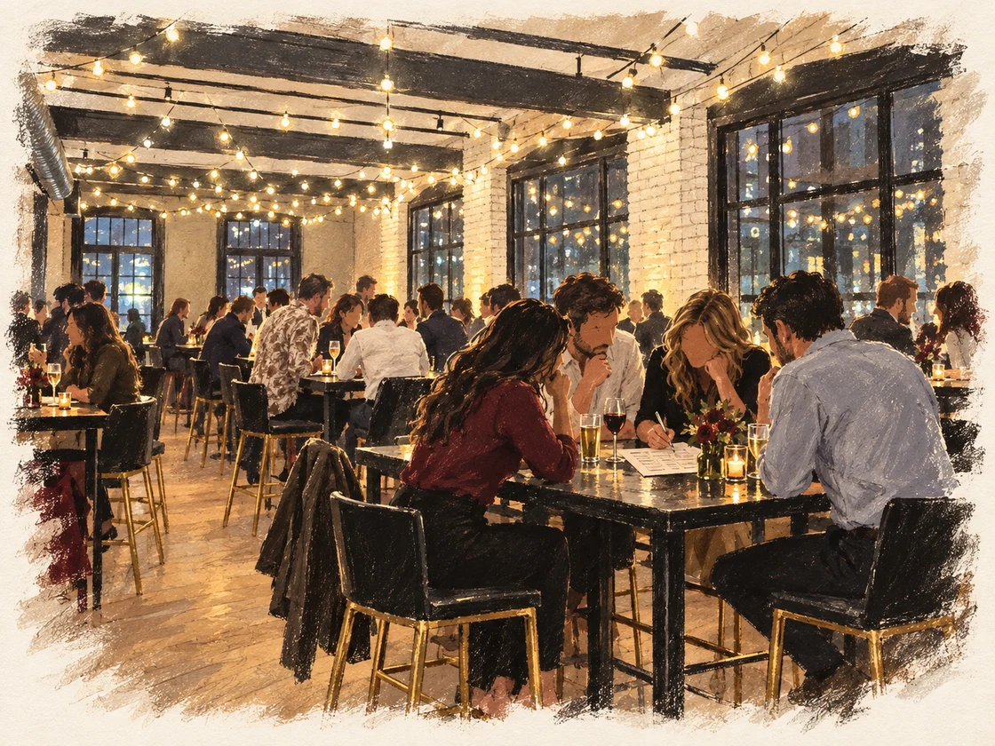 Editorial illustration of a trivia team around a high table beneath string lights at Storys
